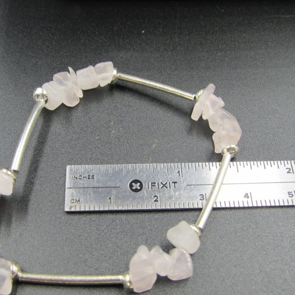 7" Sterling Silver Simple Rose Quartz Chips Bracelet Vintage - Picture 5 of 6